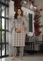 Juniper Women's Black Ikat Printed Cotton Kurta, Pant And Dupatta Set With Mirror & Thread Work | Grocsy