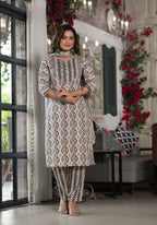 Juniper Women's Black Ikat Printed Cotton Kurta, Pant And Dupatta Set With Mirror & Thread Work | Grocsy