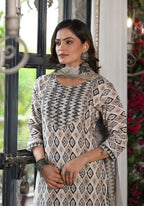 Juniper Women's Black Ikat Printed Cotton Kurta, Pant And Dupatta Set With Mirror & Thread Work | Grocsy