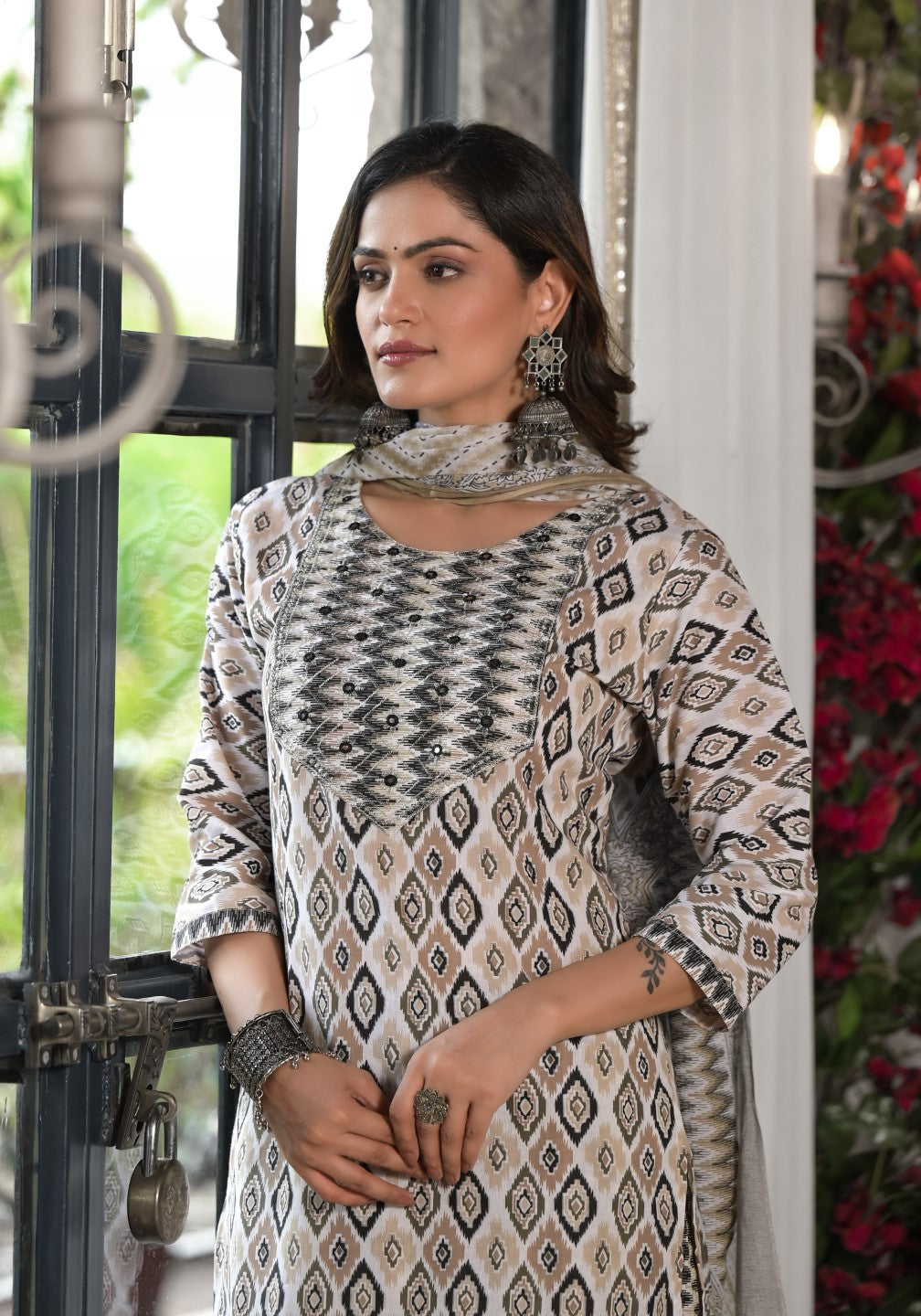 Juniper Women's Black Ikat Printed Cotton Kurta, Pant And Dupatta Set With Mirror & Thread Work | Grocsy