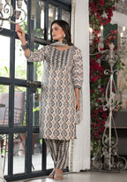 Juniper Women's Black Ikat Printed Cotton Kurta, Pant And Dupatta Set With Mirror & Thread Work | Grocsy