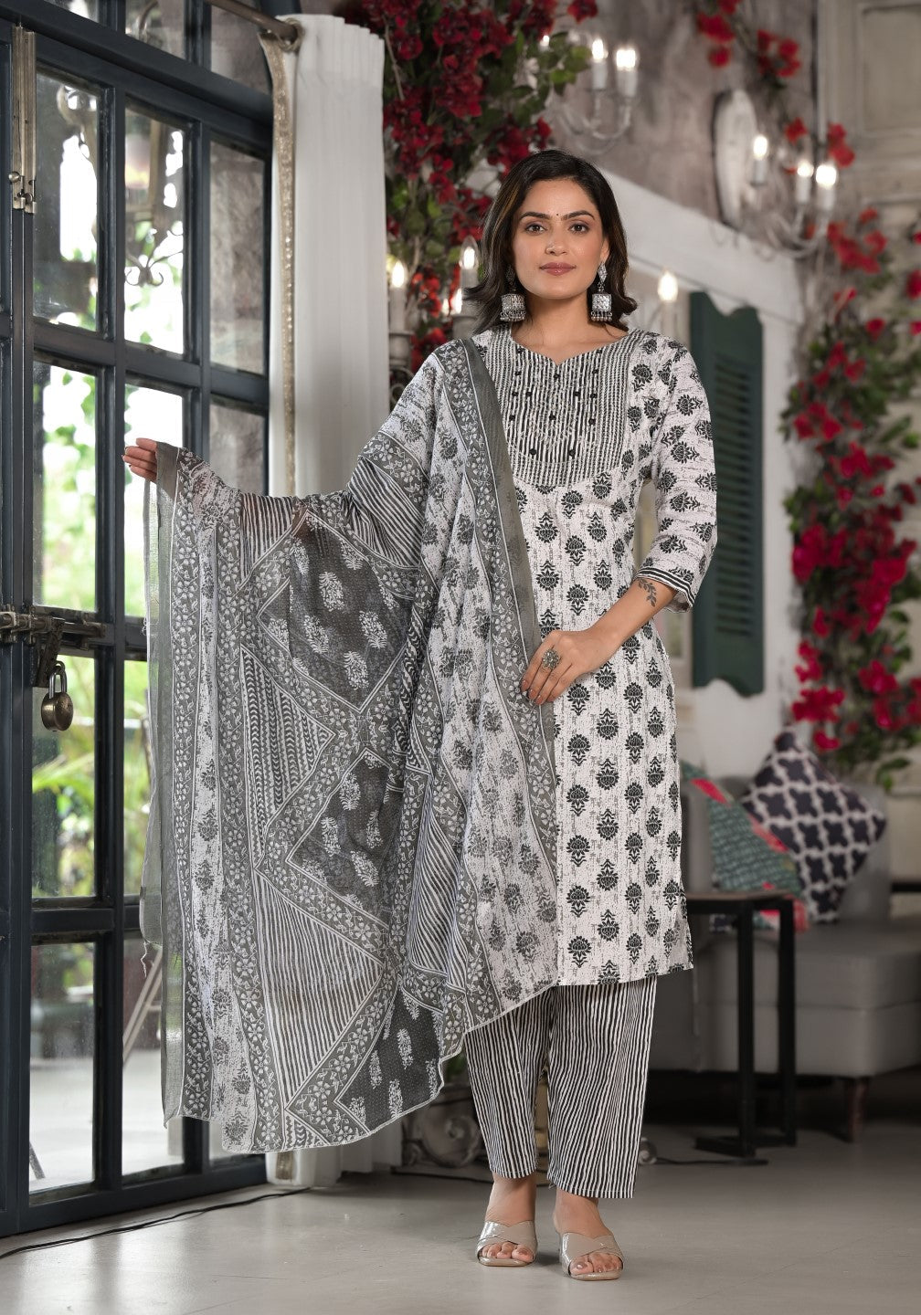 Juniper Women's Black Ethnic Motif Printed Cotton Kurta, Pant And Dupatta Set With Mirror & Thread Work | Grocsy