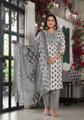Juniper Women's Black Ethnic Motif Printed Cotton Kurta, Pant And Dupatta Set With Mirror & Thread Work | Grocsy