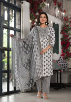 Juniper Women's Black Ethnic Motif Printed Cotton Kurta, Pant And Dupatta Set With Mirror & Thread Work | Grocsy