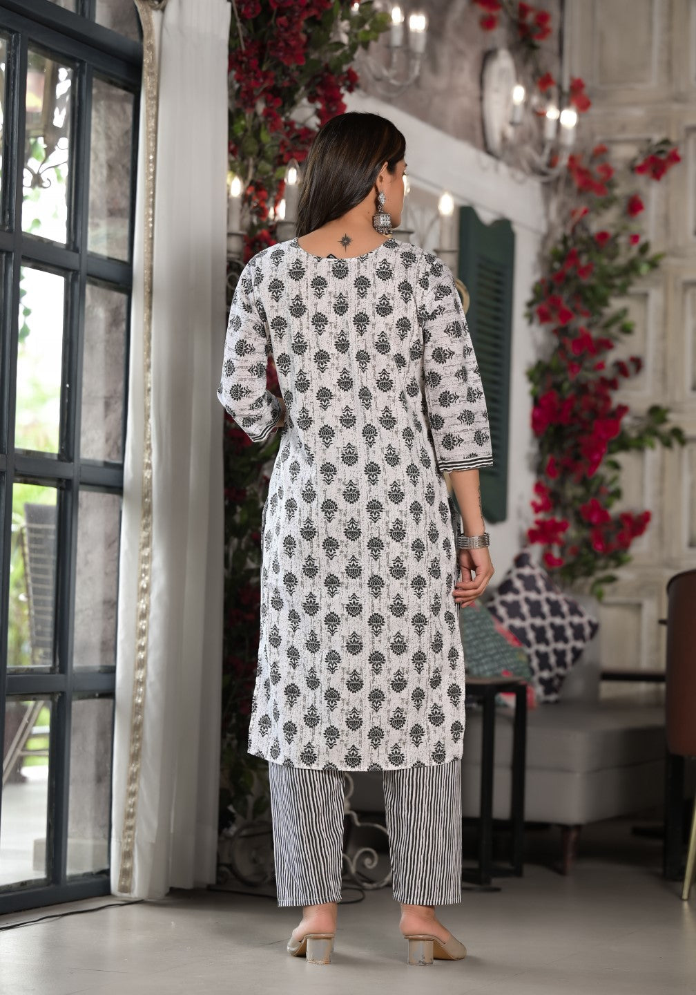 Juniper Women's Black Ethnic Motif Printed Cotton Kurta, Pant And Dupatta Set With Mirror & Thread Work | Grocsy