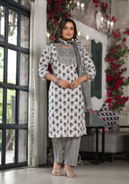 Juniper Women's Black Ethnic Motif Printed Cotton Kurta, Pant And Dupatta Set With Mirror & Thread Work | Grocsy
