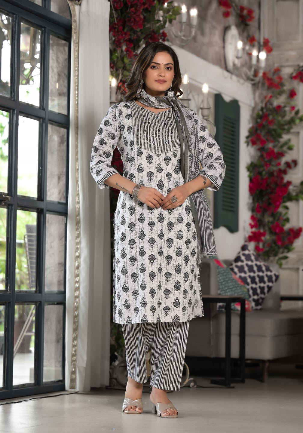 Juniper Women's Black Ethnic Motif Printed Cotton Kurta, Pant And Dupatta Set With Mirror & Thread Work | Grocsy