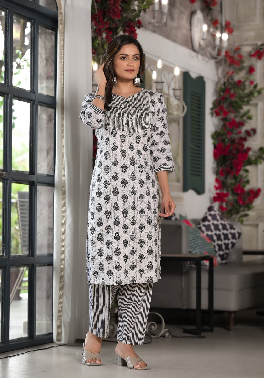 Juniper Women's Black Ethnic Motif Printed Cotton Kurta, Pant And Dupatta Set With Mirror & Thread Work | Grocsy