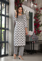 Juniper Women's Black Ethnic Motif Printed Cotton Kurta, Pant And Dupatta Set With Mirror & Thread Work | Grocsy