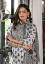 Juniper Women's Black Ethnic Motif Printed Cotton Kurta, Pant And Dupatta Set With Mirror & Thread Work | Grocsy