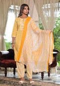 Juniper Women's Mustard Ethnic Motif Printed Cotton Kurta, Pant And Dupatta Set With Lace & Buttons | Grocsy