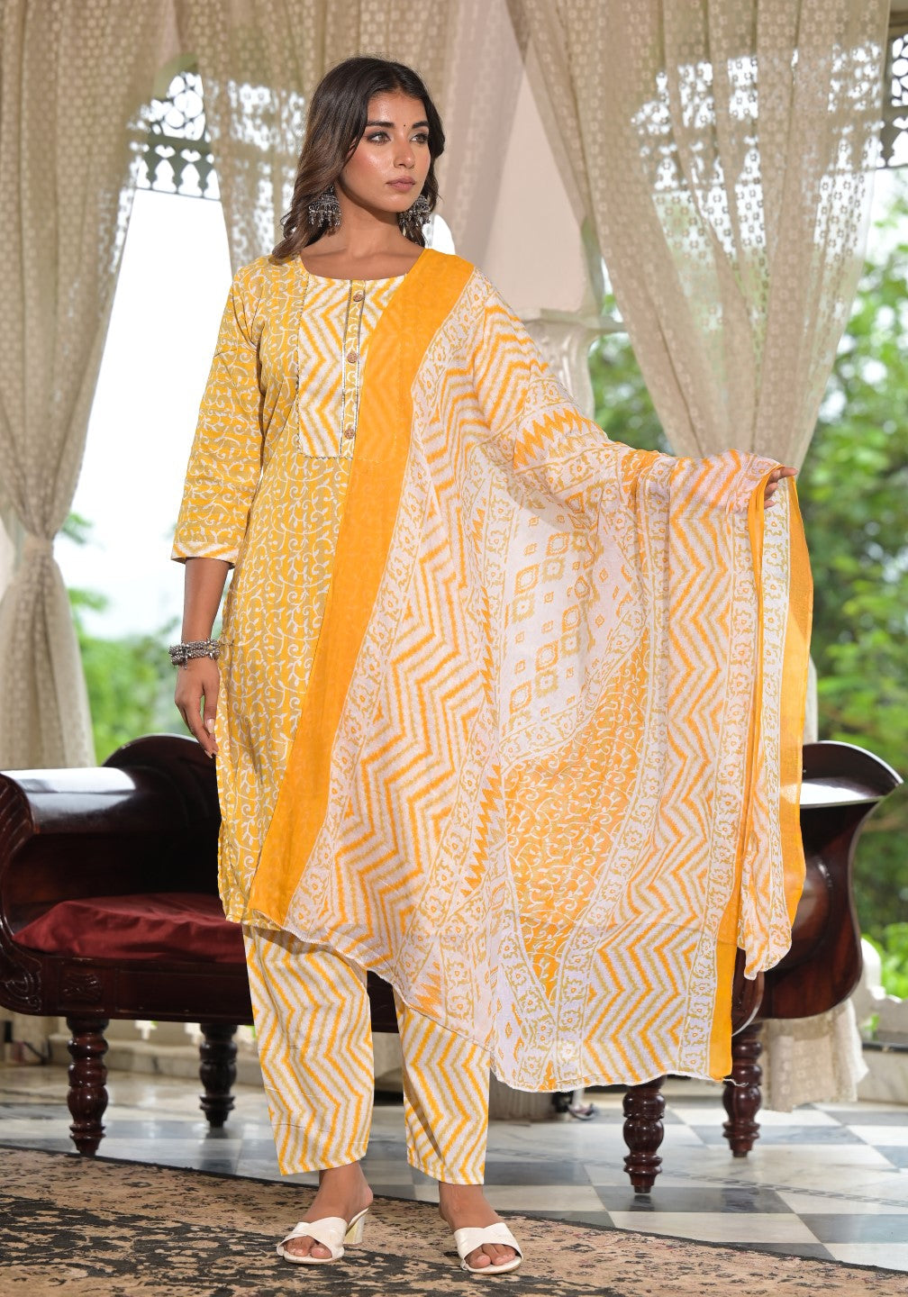 Juniper Women's Mustard Ethnic Motif Printed Cotton Kurta, Pant And Dupatta Set With Lace & Buttons | Grocsy
