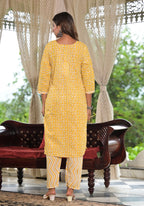 Juniper Women's Mustard Ethnic Motif Printed Cotton Kurta, Pant And Dupatta Set With Lace & Buttons | Grocsy