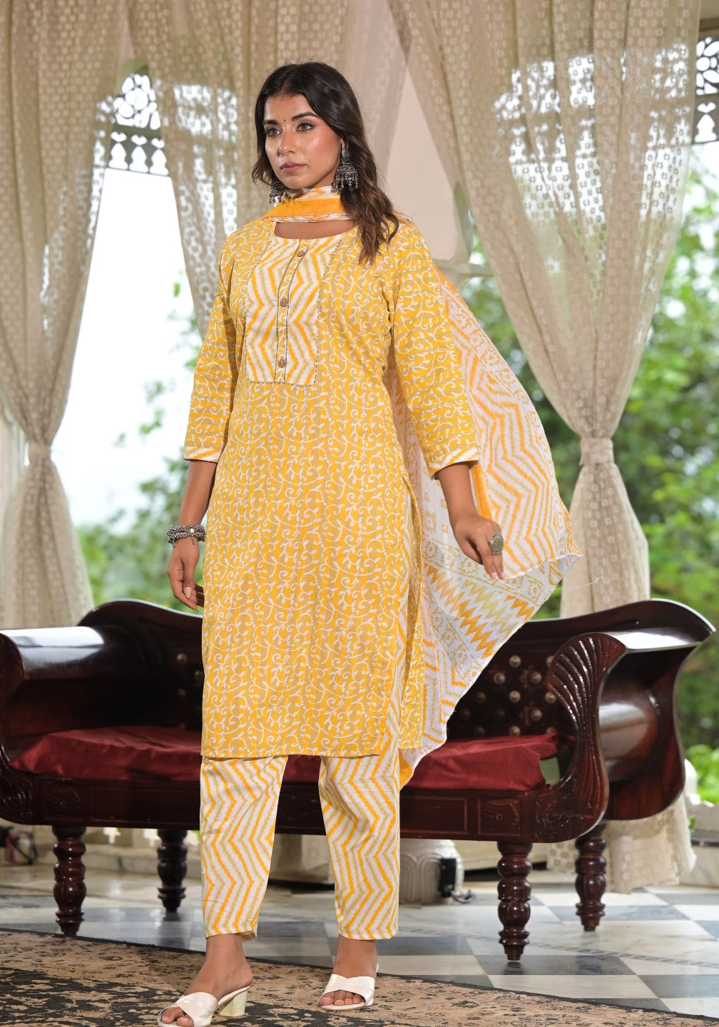 Juniper Women's Mustard Ethnic Motif Printed Cotton Kurta, Pant And Dupatta Set With Lace & Buttons | Grocsy