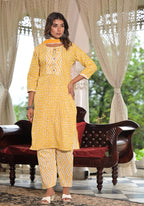 Juniper Women's Mustard Ethnic Motif Printed Cotton Kurta, Pant And Dupatta Set With Lace & Buttons | Grocsy