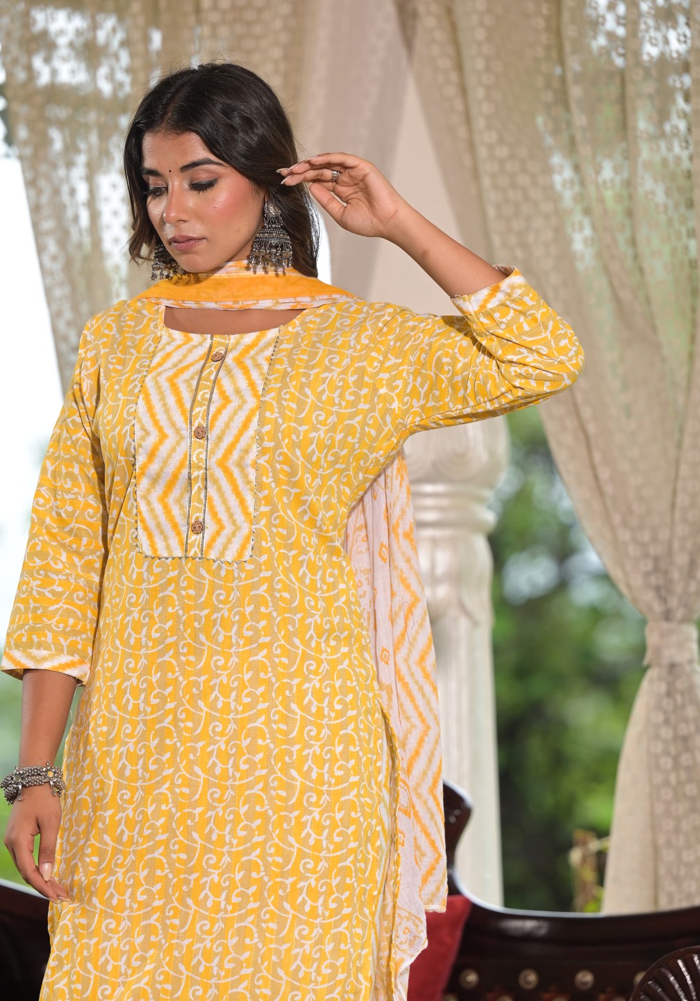 Juniper Women's Mustard Ethnic Motif Printed Cotton Kurta, Pant And Dupatta Set With Lace & Buttons | Grocsy