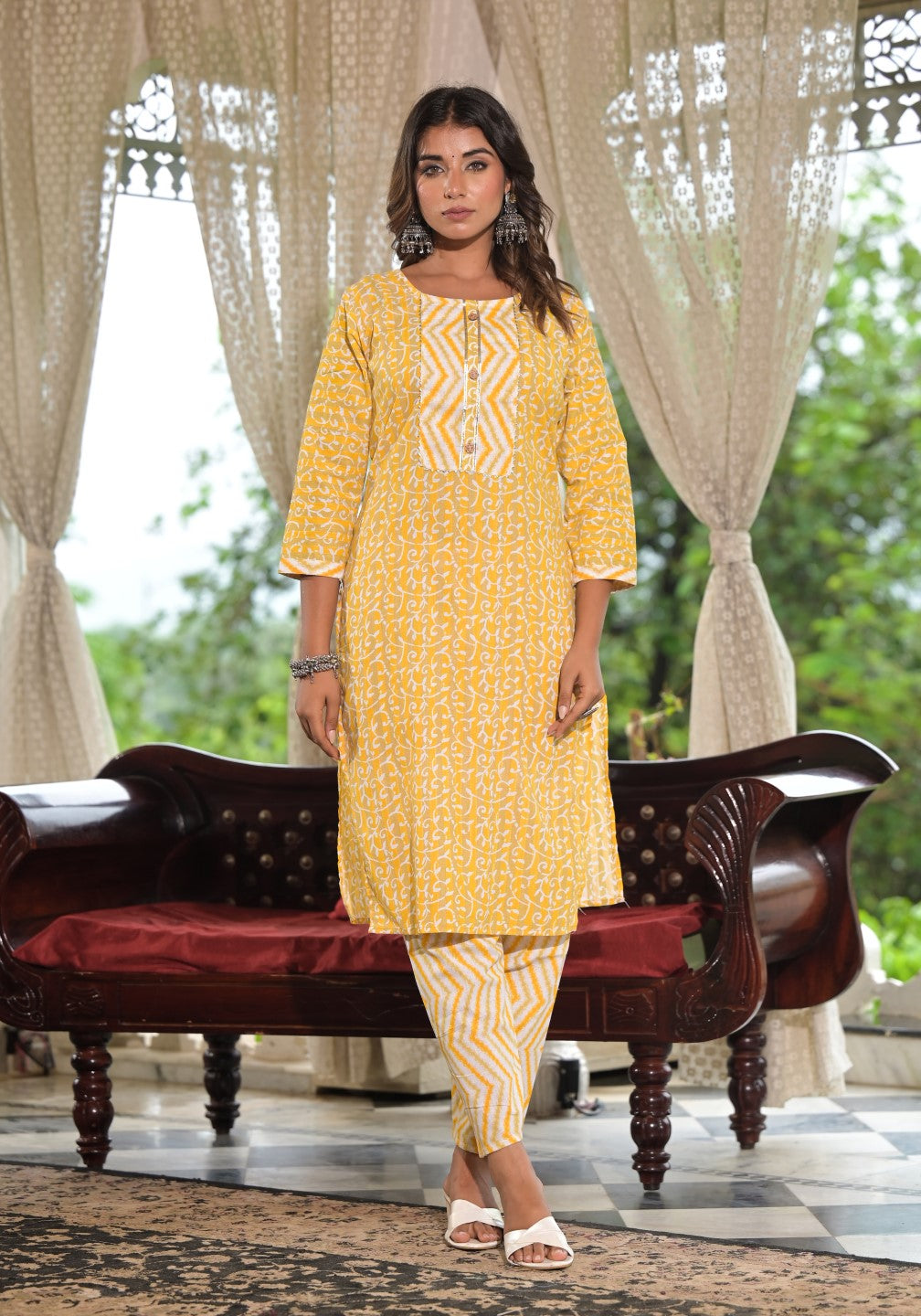 Juniper Women's Mustard Ethnic Motif Printed Cotton Kurta, Pant And Dupatta Set With Lace & Buttons | Grocsy