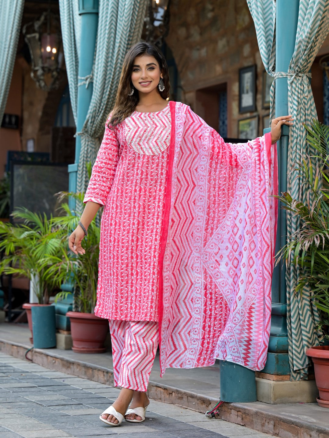 Juniper Women's Pink Ethnic Motif Printed Cotton Kurta, Pant And Dupatta Set With Mirror & Thread Work | Grocsy