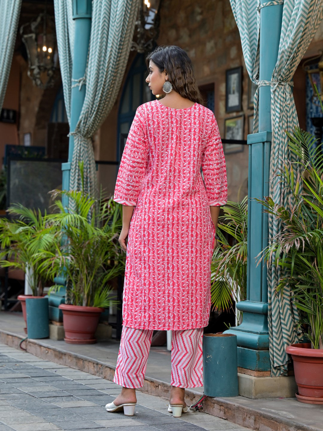 Juniper Women's Pink Ethnic Motif Printed Cotton Kurta, Pant And Dupatta Set With Mirror & Thread Work | Grocsy
