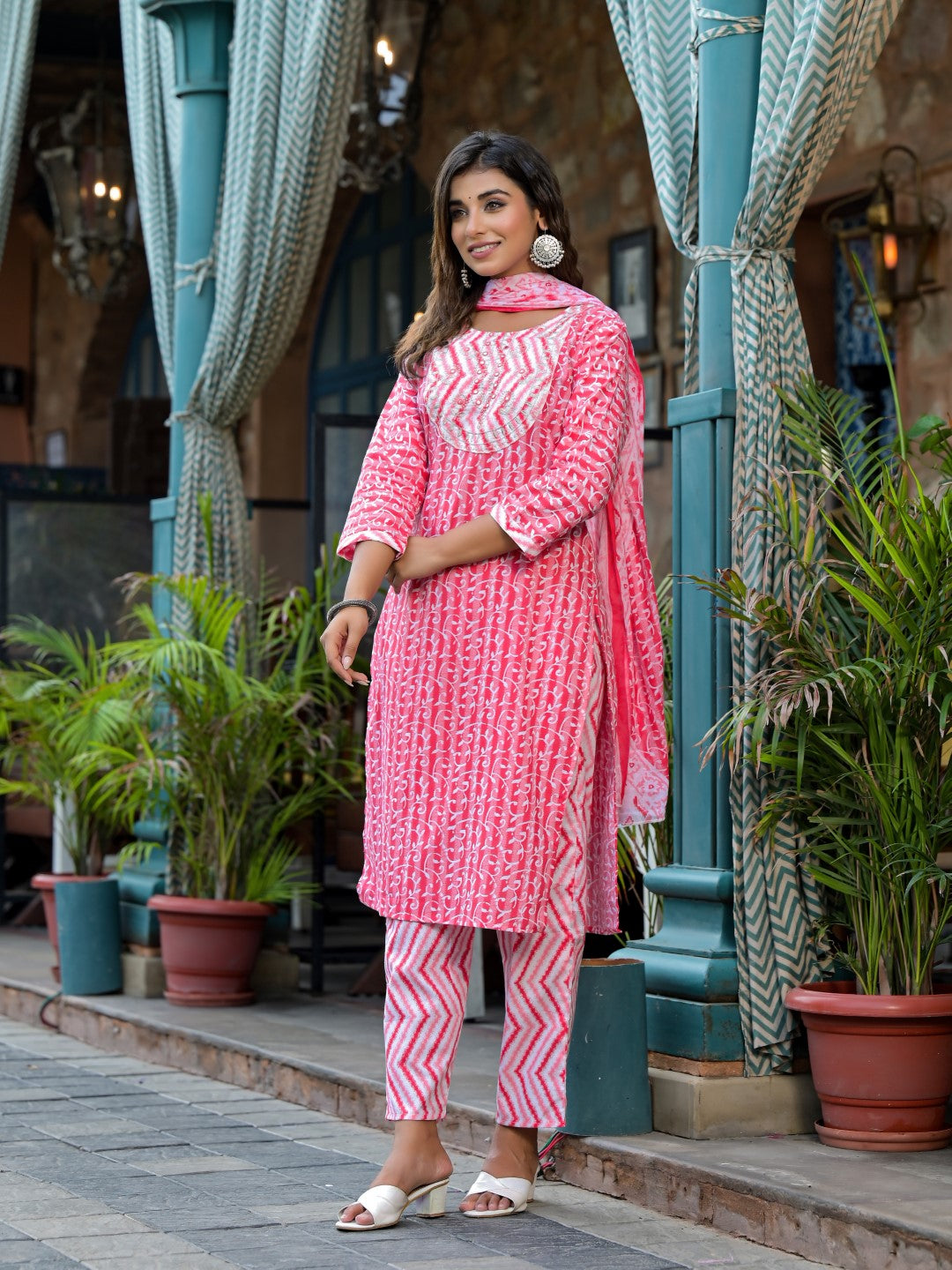 Juniper Women's Pink Ethnic Motif Printed Cotton Kurta, Pant And Dupatta Set With Mirror & Thread Work | Grocsy