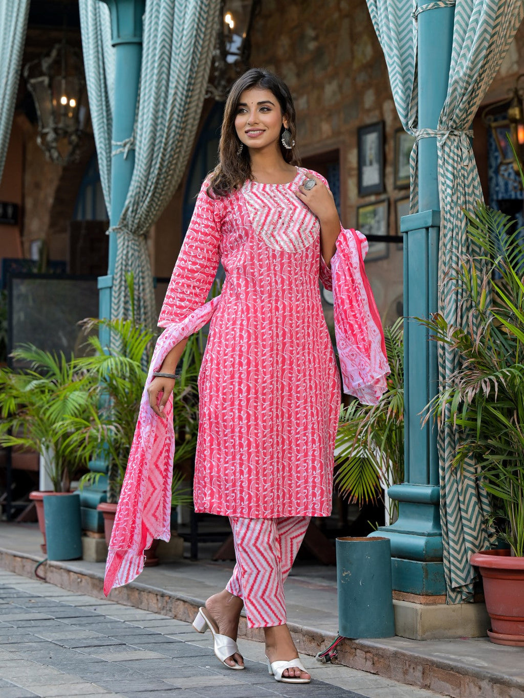 Juniper Women's Pink Ethnic Motif Printed Cotton Kurta, Pant And Dupatta Set With Mirror & Thread Work | Grocsy