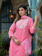 Juniper Women's Pink Ethnic Motif Printed Cotton Kurta, Pant And Dupatta Set With Mirror & Thread Work | Grocsy