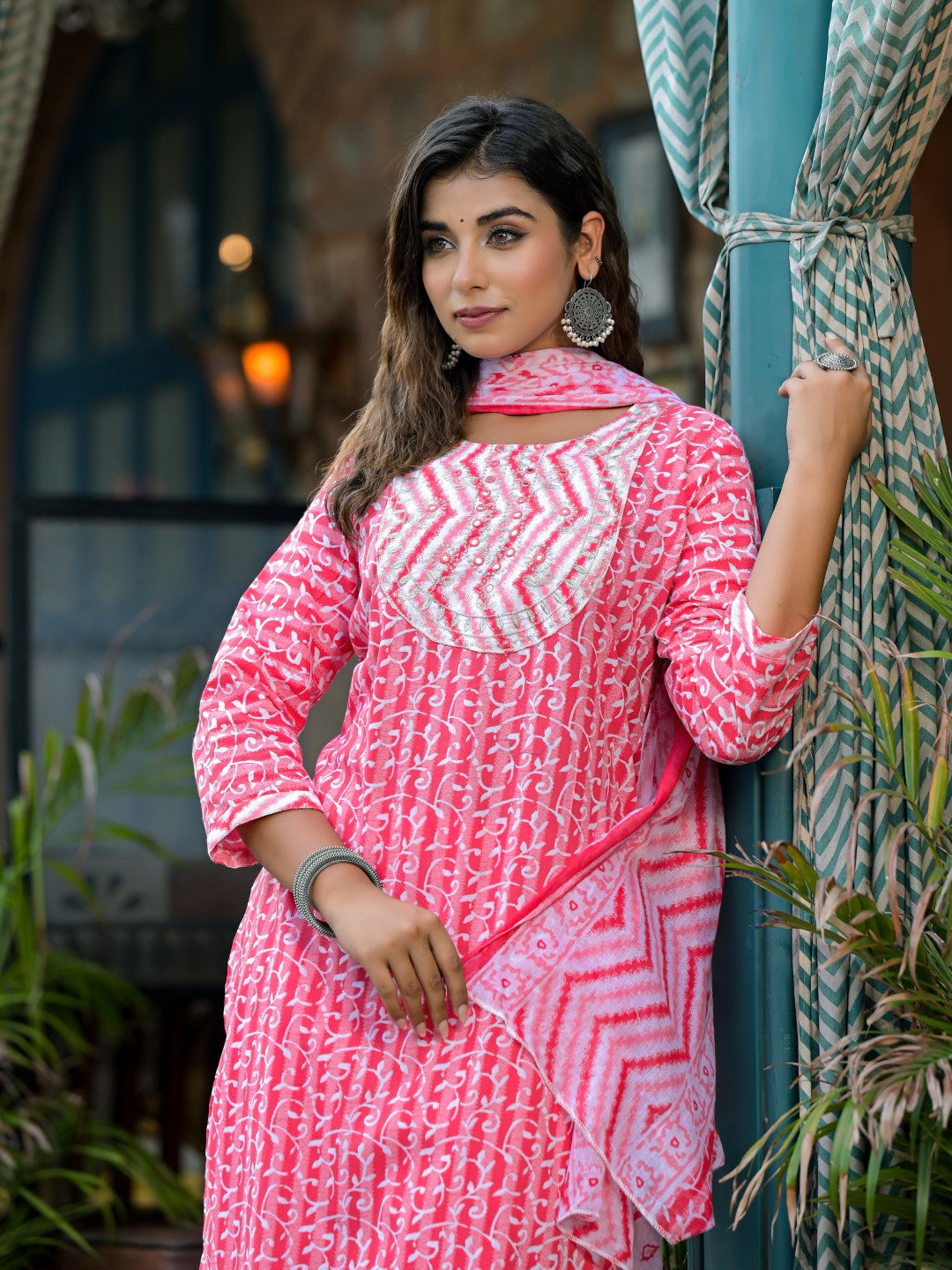 Juniper Women's Pink Ethnic Motif Printed Cotton Kurta, Pant And Dupatta Set With Mirror & Thread Work | Grocsy