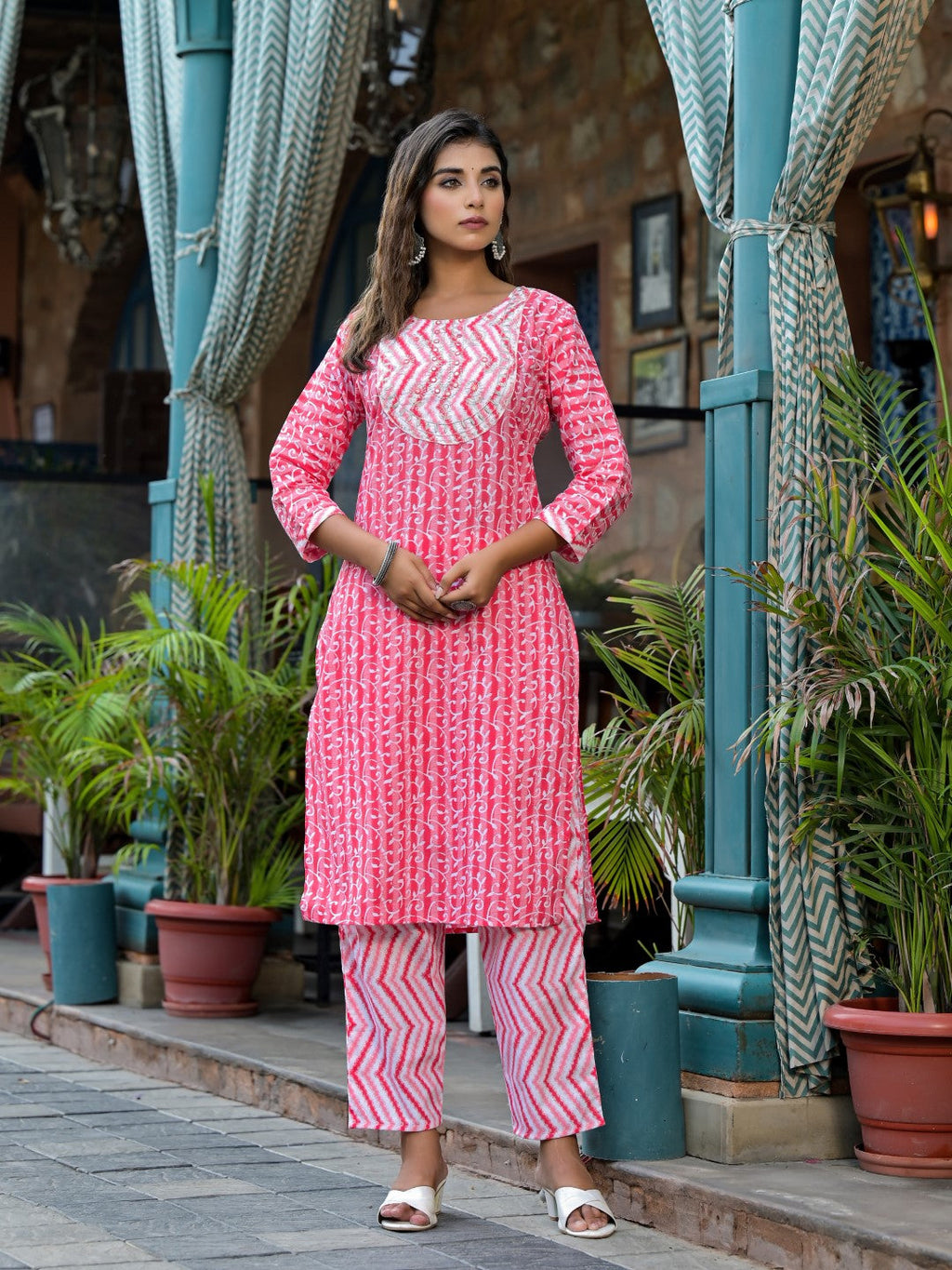 Juniper Women's Pink Ethnic Motif Printed Cotton Kurta, Pant And Dupatta Set With Mirror & Thread Work | Grocsy