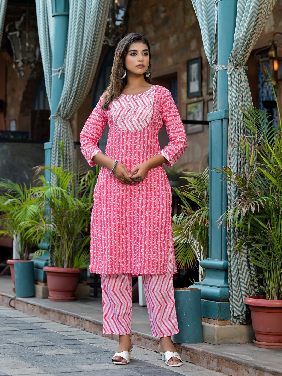 Juniper Women's Pink Ethnic Motif Printed Cotton Kurta, Pant And Dupatta Set With Mirror & Thread Work | Grocsy