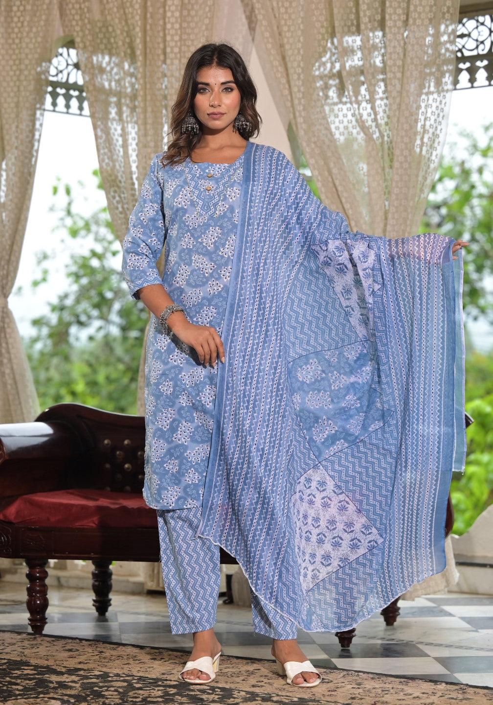 Juniper Women's Sky Blue Ethnic Motif Printed Cotton Kurta, Pant And Dupatta Set With Buttons & Lace | Grocsy