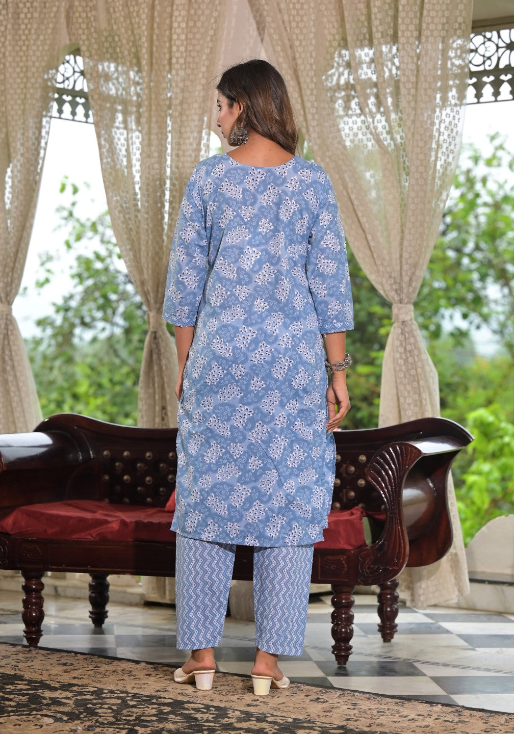Juniper Women's Sky Blue Ethnic Motif Printed Cotton Kurta, Pant And Dupatta Set With Buttons & Lace | Grocsy