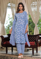 Juniper Women's Sky Blue Ethnic Motif Printed Cotton Kurta, Pant And Dupatta Set With Buttons & Lace | Grocsy