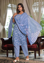 Juniper Women's Sky Blue Ethnic Motif Printed Cotton Kurta, Pant And Dupatta Set With Buttons & Lace | Grocsy