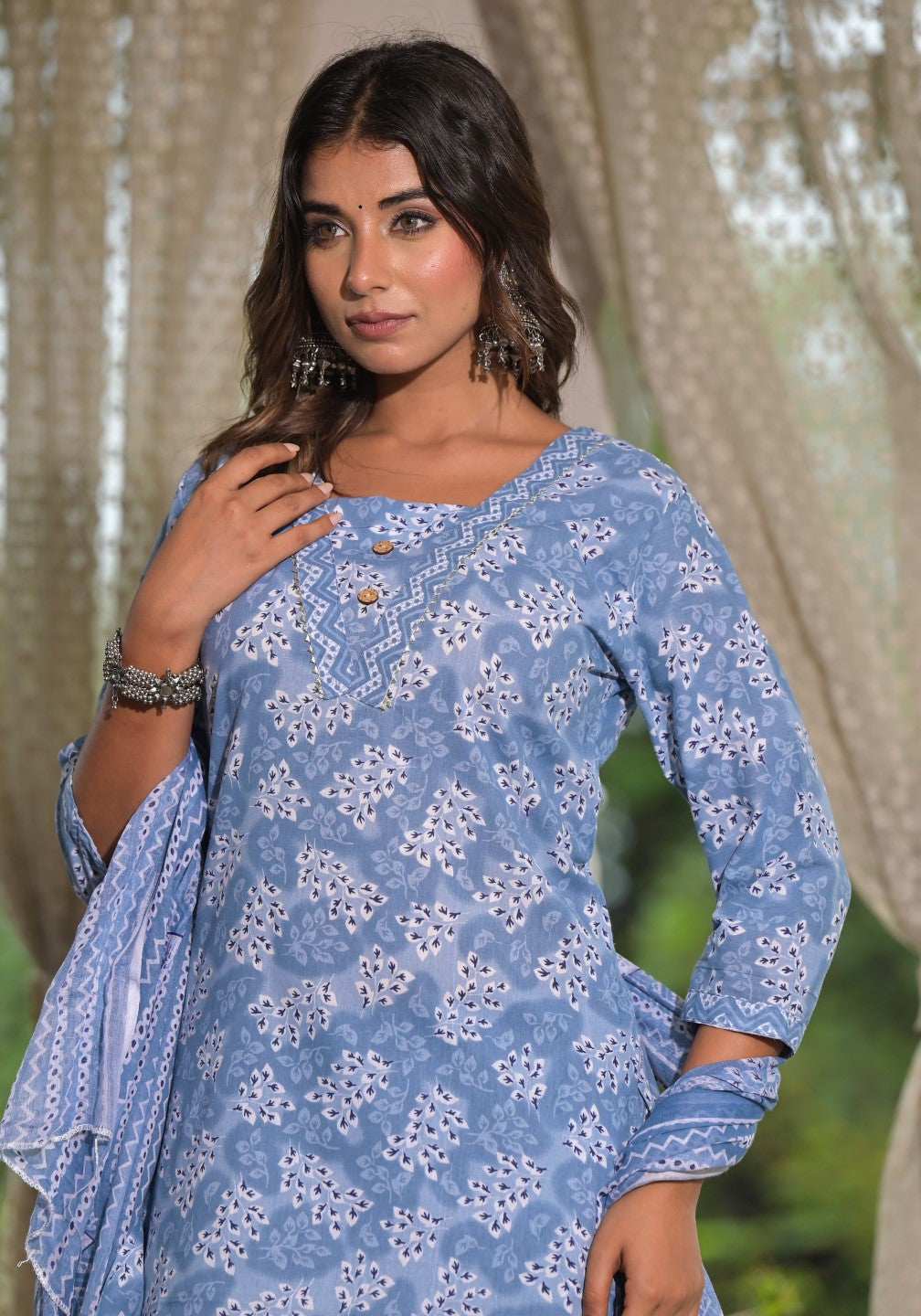 Juniper Women's Sky Blue Ethnic Motif Printed Cotton Kurta, Pant And Dupatta Set With Buttons & Lace | Grocsy