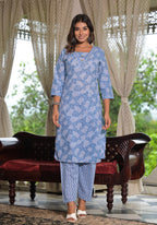 Juniper Women's Sky Blue Ethnic Motif Printed Cotton Kurta, Pant And Dupatta Set With Buttons & Lace | Grocsy