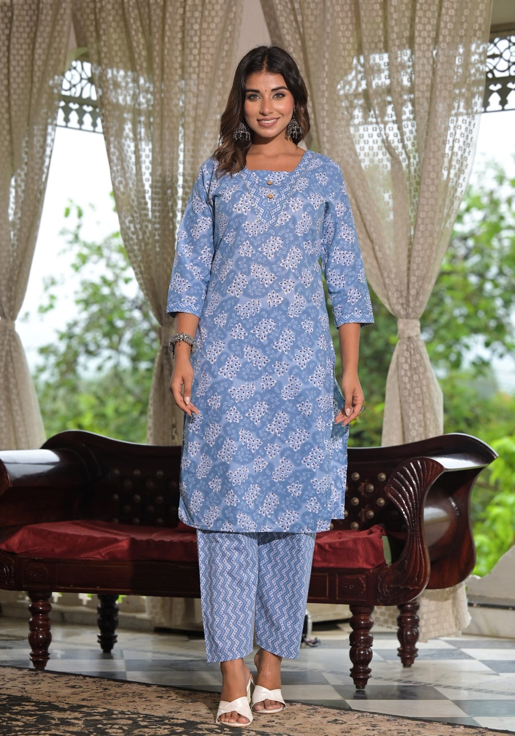 Juniper Women's Sky Blue Ethnic Motif Printed Cotton Kurta, Pant And Dupatta Set With Buttons & Lace | Grocsy