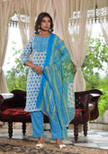 Juniper Women's Sky Blue Ethnic Motif Printed Cotton Kurta, Pant And Dupatta Set With Zari & Mirror Work | Grocsy