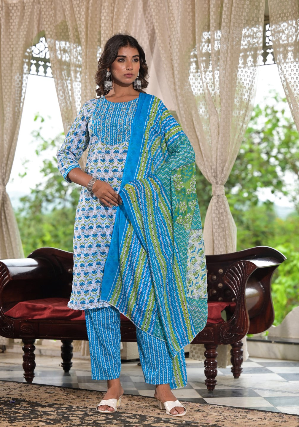 Juniper Women's Sky Blue Ethnic Motif Printed Cotton Kurta, Pant And Dupatta Set With Zari & Mirror Work | Grocsy