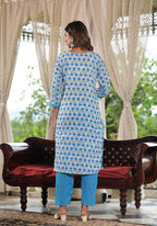 Juniper Women's Sky Blue Ethnic Motif Printed Cotton Kurta, Pant And Dupatta Set With Zari & Mirror Work | Grocsy