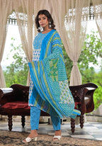 Juniper Women's Sky Blue Ethnic Motif Printed Cotton Kurta, Pant And Dupatta Set With Zari & Mirror Work | Grocsy