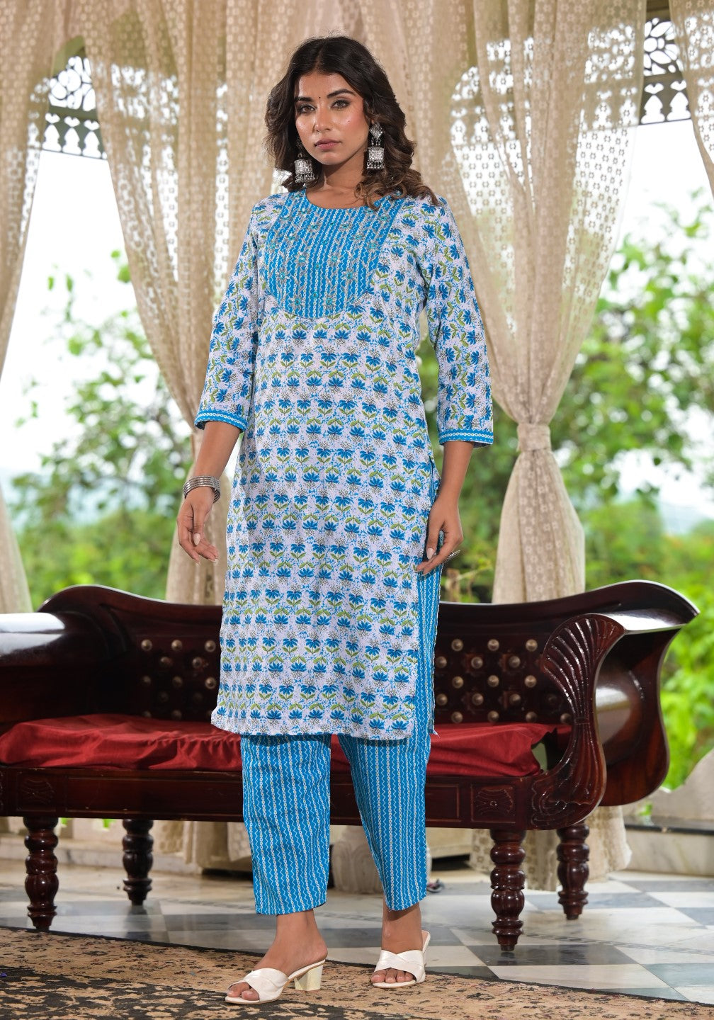 Juniper Women's Sky Blue Ethnic Motif Printed Cotton Kurta, Pant And Dupatta Set With Zari & Mirror Work | Grocsy