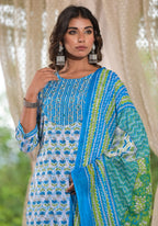 Juniper Women's Sky Blue Ethnic Motif Printed Cotton Kurta, Pant And Dupatta Set With Zari & Mirror Work | Grocsy