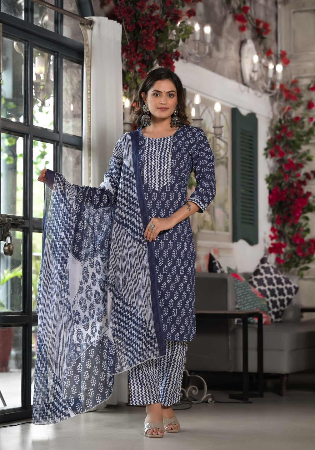 Juniper Women's Blue Ethnic Motif Printed Cotton Kurta, Pant And Dupatta Set With Lace | Grocsy