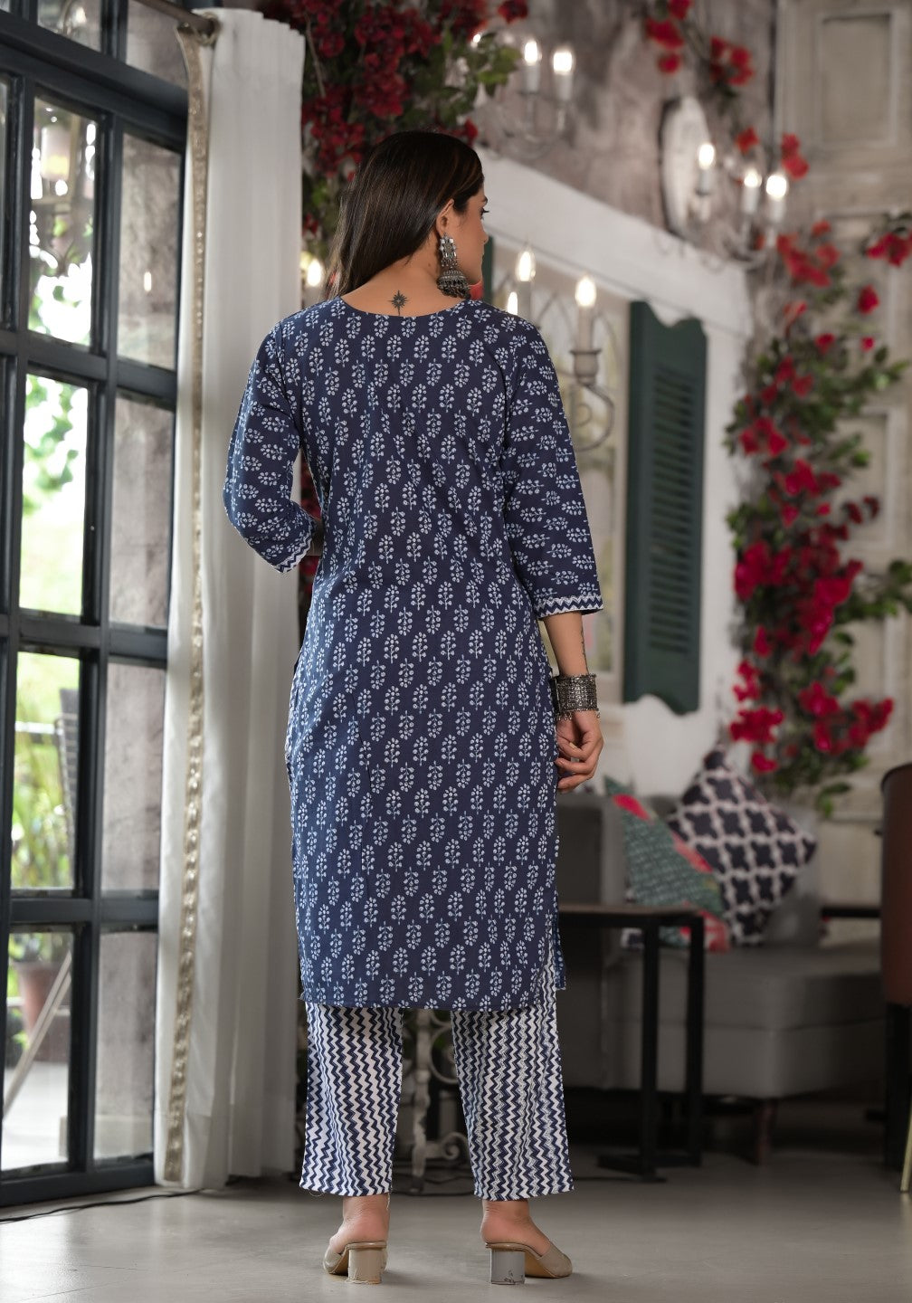 Juniper Women's Blue Ethnic Motif Printed Cotton Kurta, Pant And Dupatta Set With Lace | Grocsy