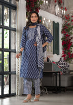 Juniper Women's Blue Ethnic Motif Printed Cotton Kurta, Pant And Dupatta Set With Lace | Grocsy