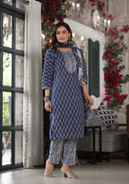Juniper Women's Blue Ethnic Motif Printed Cotton Kurta, Pant And Dupatta Set With Lace | Grocsy