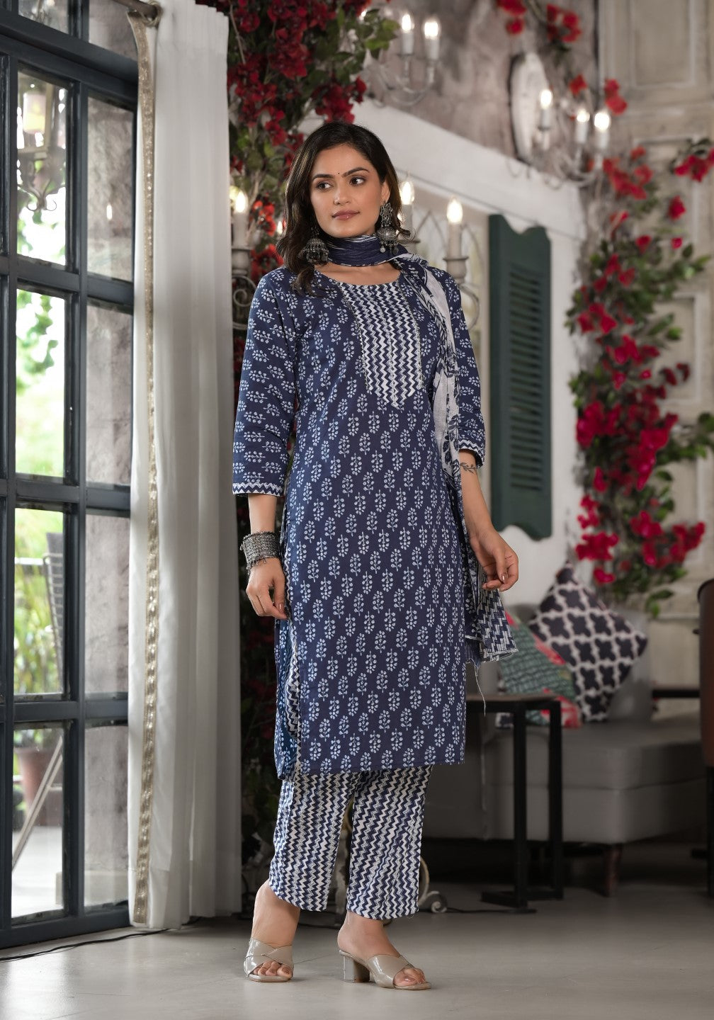 Juniper Women's Blue Ethnic Motif Printed Cotton Kurta, Pant And Dupatta Set With Lace | Grocsy