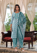 Juniper Women's Sea Green Ethnic Motif Printed Cotton Kurta, Pant And Dupatta Set With Lace & Buttons | Grocsy