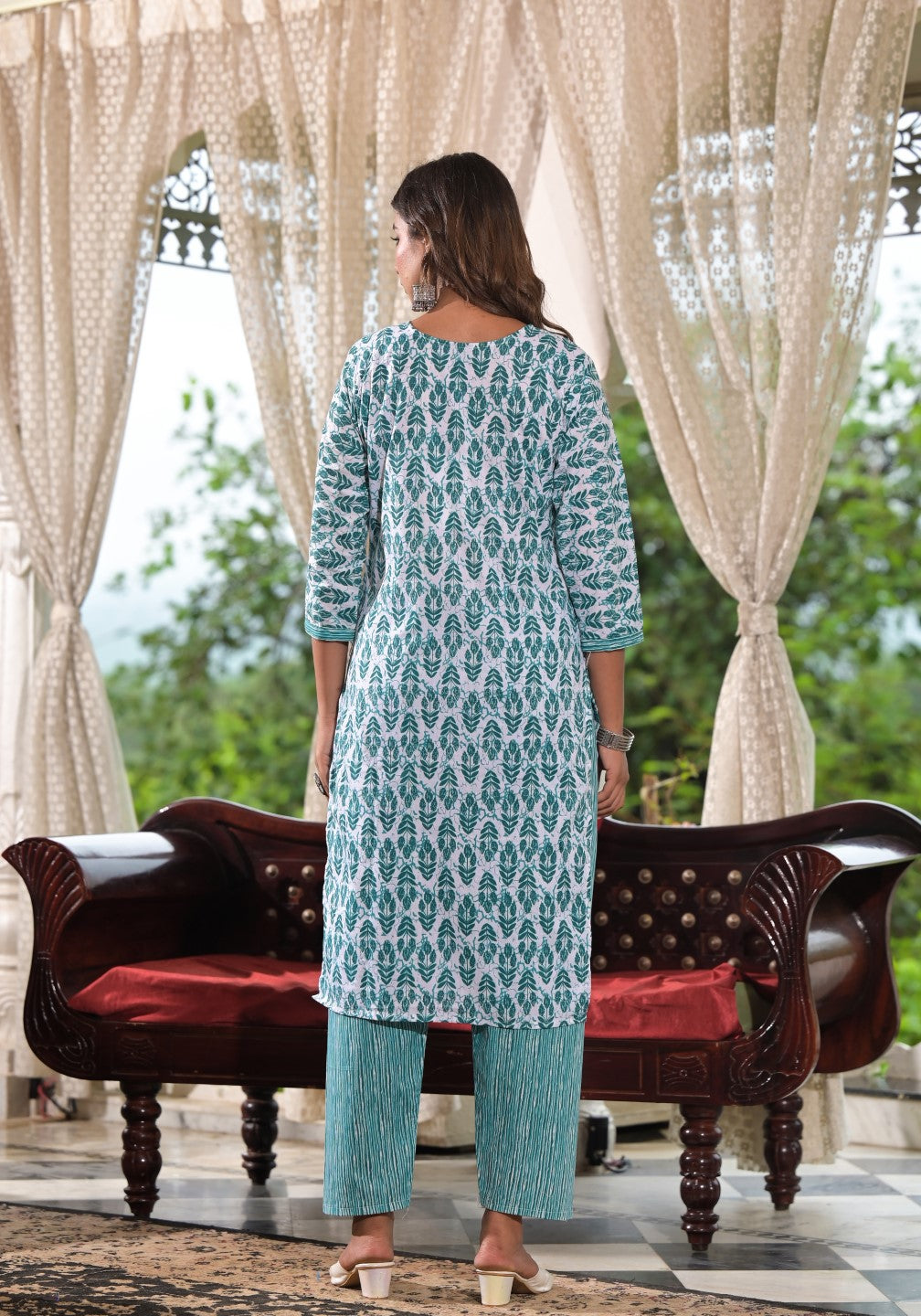 Juniper Women's Sea Green Ethnic Motif Printed Cotton Kurta, Pant And Dupatta Set With Lace & Buttons | Grocsy