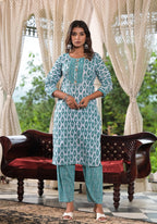 Juniper Women's Sea Green Ethnic Motif Printed Cotton Kurta, Pant And Dupatta Set With Lace & Buttons | Grocsy